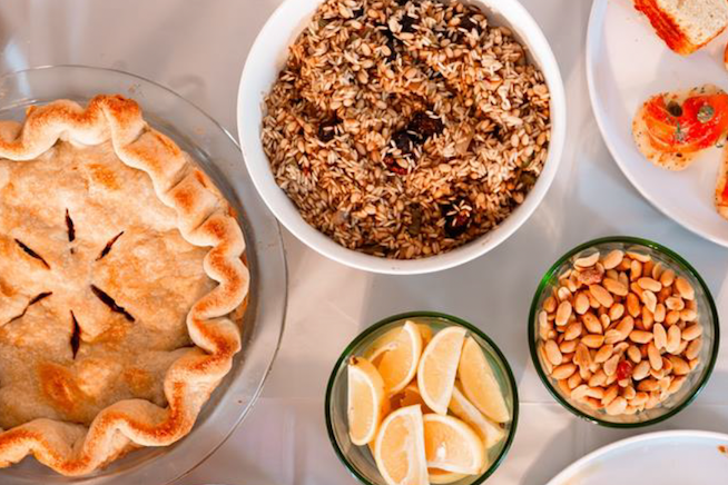 holiday food apple pie, rice pilaf, gravlax, lemon slices