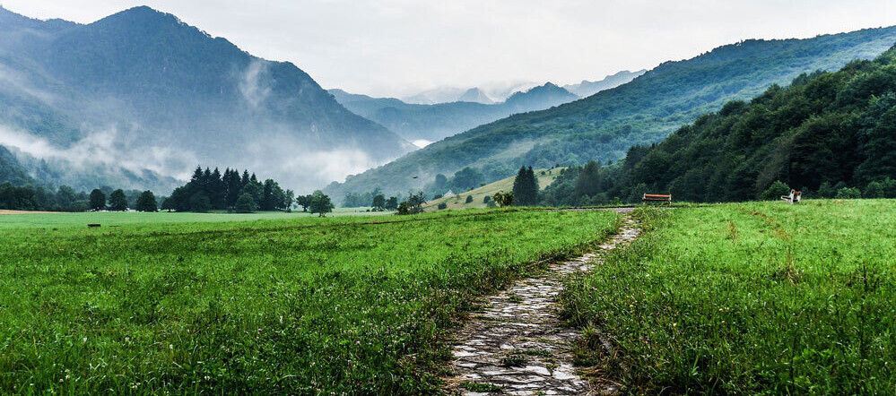 rock path in front of mountains